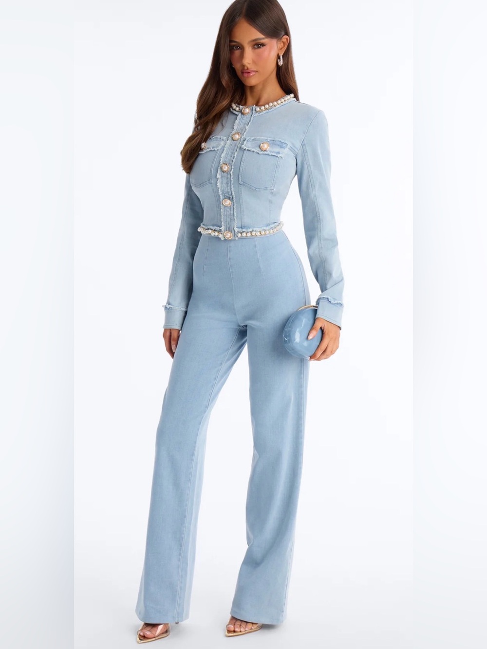 Pearl-Trim Light Blue Denim 2 Piece Set